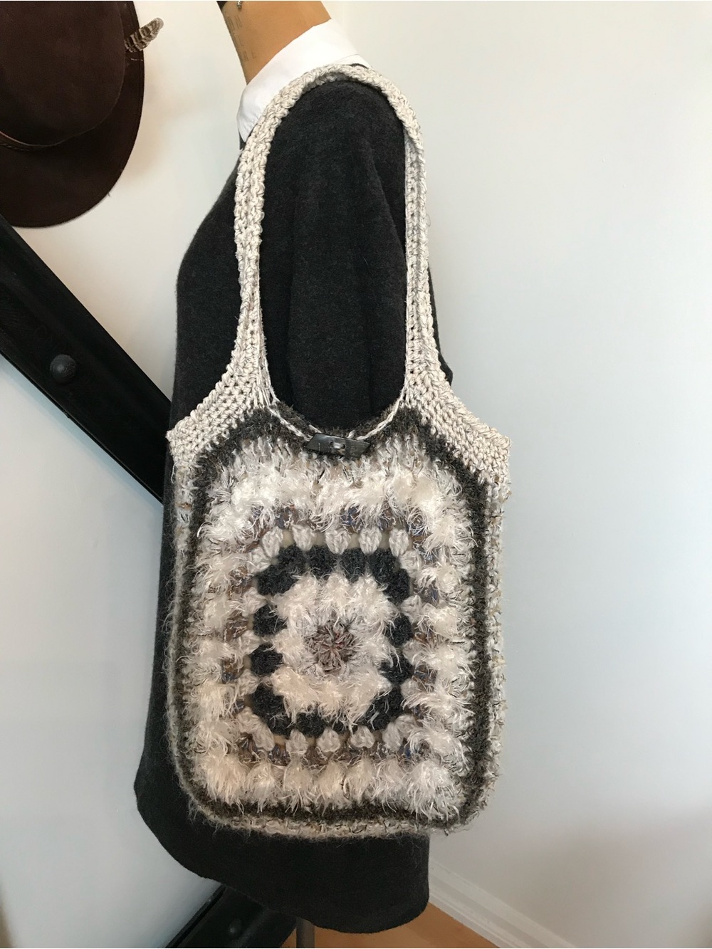 Handcrafted Cream and Gray Crochet wool Tote Bag